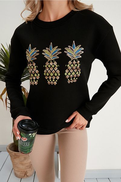 FEMELLE Hanorac 100% bumbac, negru, cu 3 fire de ananas, cu paiete, brodat cu paiete