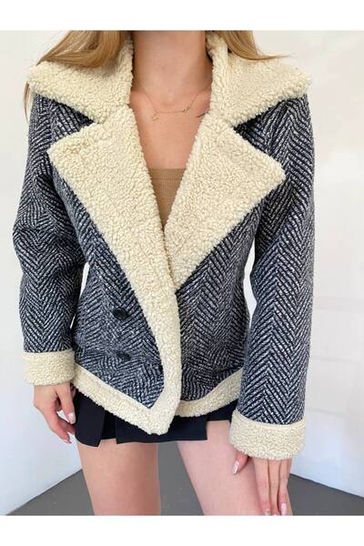 EDZ Ženska jakna sa krznenim detaljima i pepeljastim uzorkom Pliš