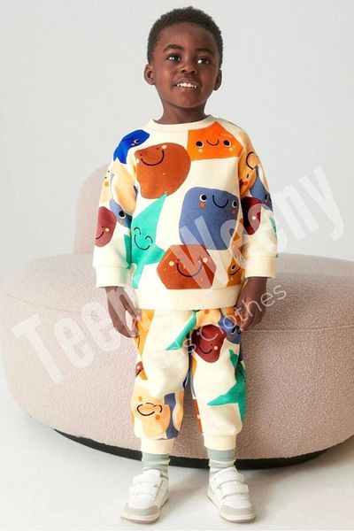 Teeny Weeny Kids New Season Multi-Colored Printed Crew Neck 3 Thread Fabric Top and Bottom Set