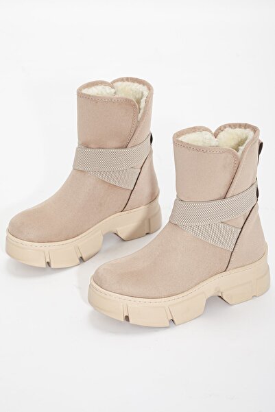LULO Kadın Bej Süet Kalın Tabanlı Bilekten Lastikli Bot Postal