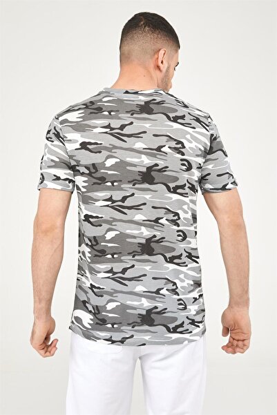 Seamoda Camouflage Pattern V-Neck Long Length Men's Tshirt-GRAY