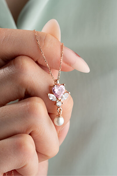 Nereze 925 Ayar Gümüş Pembe Taşlı İnci Detay Kalp Kolye