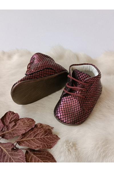 Hodore Burgundy Printed Genuine Leather Baby Booties