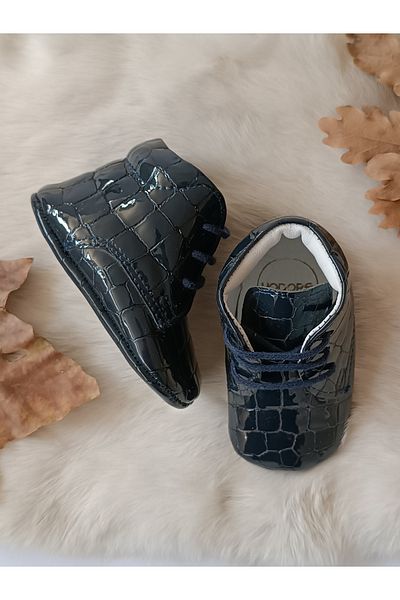Hodore Printed Navy Blue Genuine Leather Baby Booties