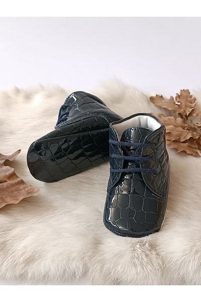 Hodore Printed Navy Blue Genuine Leather Baby Booties
