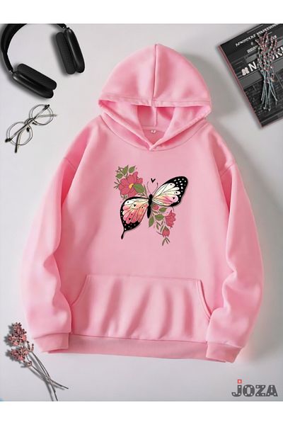 Joza Outdoors Unisex Γυναικεία ανδρική μπλούζα με 3 νήματα Basic Butterfly Flower με ροζ ροζ ροζ κουκούλα φλις φούτερ