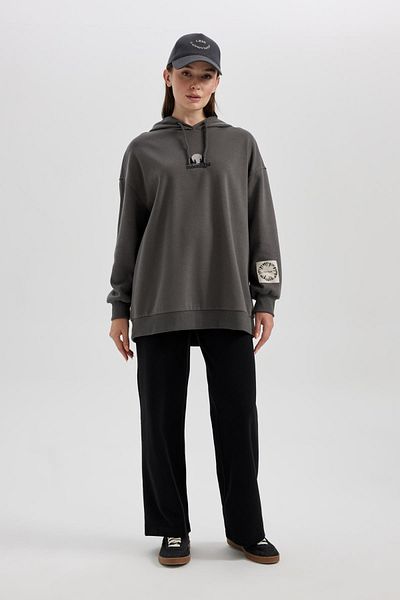 DeFacto Regular Fit Hooded Embroidered Soft Fuzzy Thick Sweatshirt Tunic