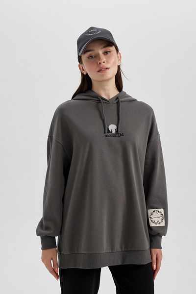 DeFacto Regular Fit Hooded Embroidered Soft Fuzzy Thick Sweatshirt Tunic