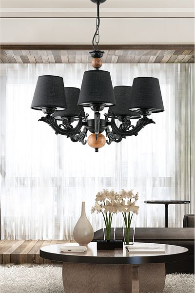 DEDE FIVE-ARMED WOODEN BLACK SAVA ZAMAK CHANDELIER WITH BLACK HAT
