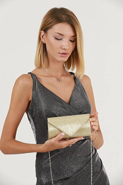 Moda Değirmeni Geantă de seară cu dungi Chupra pentru femei cu sclipici auriu BG1178-310-0003