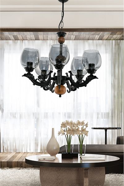 DEDE FIVE-ARMED WOODEN BLACK SAVA ZAMAK CHANDELIER WITH SMOKED GLASS