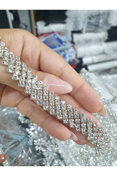 ESRA ŞELEM Decorative Ribbon Silver Color Stoned Fringe Ribbon 1 Meter