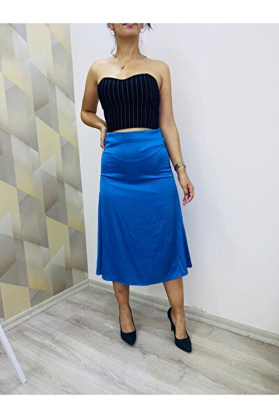 SUSEEMODA İndigo Midi Boy Fermuarlı Astarlı Saten Etek