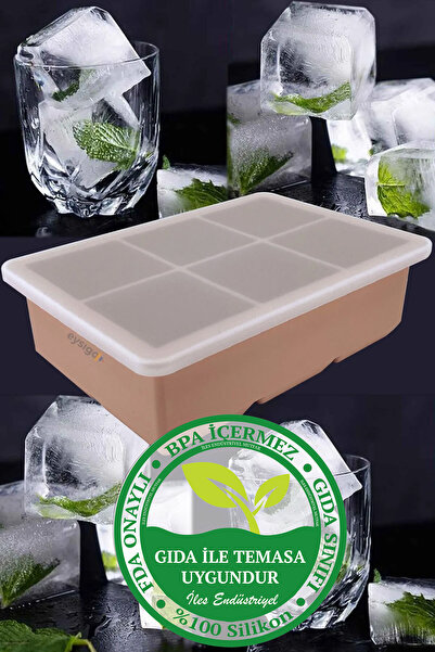 İLES Silikon Büyük Boy 6'lı Küp Buzluk Buz Kalıbı, Kapaklı, Powder