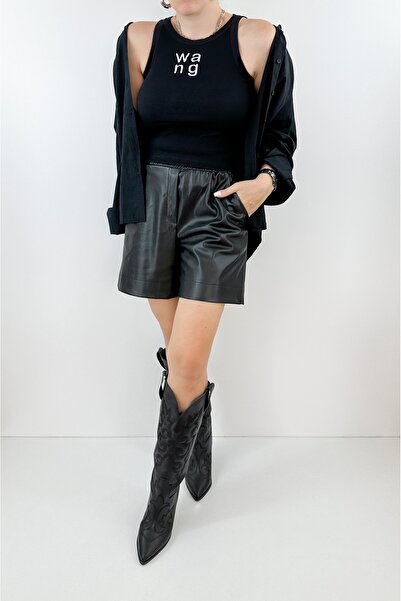 Modaonna Siyah deri şort