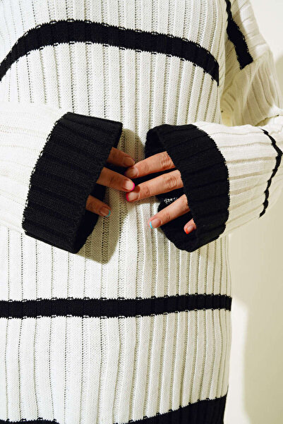 benguen 7024 Striped Turtleneck Knitwear Tunic Ecru