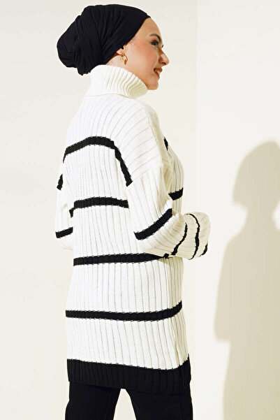 benguen 7024 Striped Turtleneck Knitwear Tunic Ecru