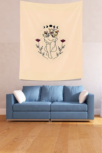 Latibule Blooming Girl Phases of the Moon Line Art Stain Resistant Fabric Wall Cloth Wall Tapestry Tapestry