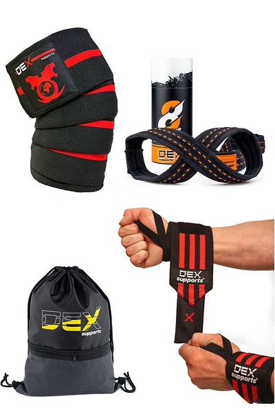 Dex Supports Lasting Energy Knee Wraps (Knee Bandage) - 8 Loop Lifting Straps - Wrist Wraps -Sackpack Set of 4