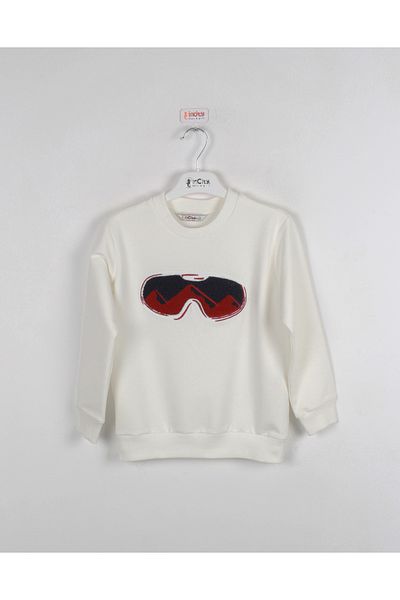 incity Kids Boy Glasses Embroidered Detailed Ecru Sweatshirt