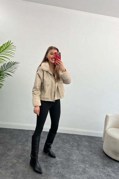 VESS MODA Κρεμ Γυναικείο Δερμάτινο Παλτό με Ολόκληρη Μεταξωτή Γούνα Εσωτερικά