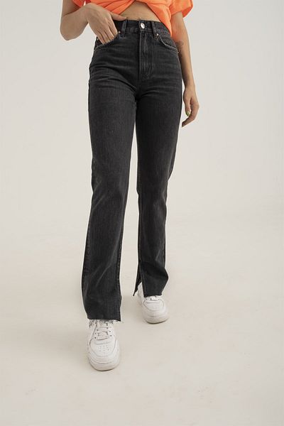 ByCukurovaFrango Morena Anthracite High Waist Slit Dad Straight Fit Zippered Jean Trousers