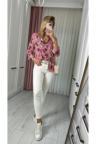 ByCukurovaFrango Monera Pantaloni albi Mom Jeans cu talie înaltă Lycra Alb fă...