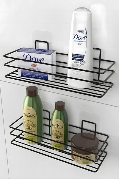 KARTEYA Adhesive Bathroom Shelf Matte Black Bathroom Shampoo Holder Shower Cabin Shower Hanger Set of 2