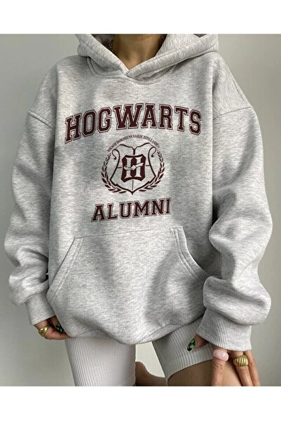 blackbonds Unisex Gri Oversize Kapüşonlu Kanguru Cepli Hogwarts Baskılı Sweat...