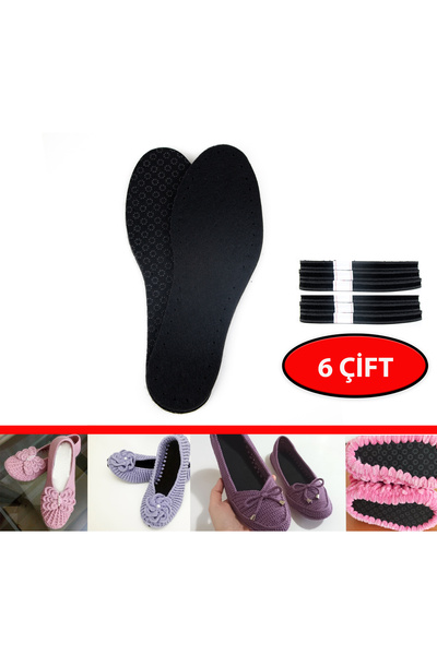 AiryFooT Siyah 6 Çift Hobi Örgü Panduf Patik Tabanı Kaydırmaz -Eva-Yün Keçe 3...