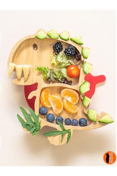 ERKUGO ديناصور الخيزران 2 حجرة - طبق طعام طبيعي للأطفال والرضع