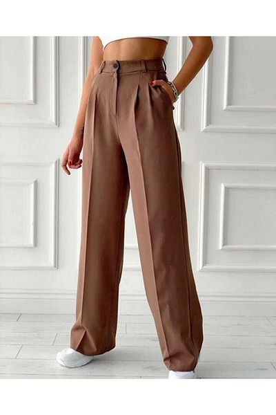 byhaziran butik Women's Pleated Brown Color Fabric Palazzo Trousers
