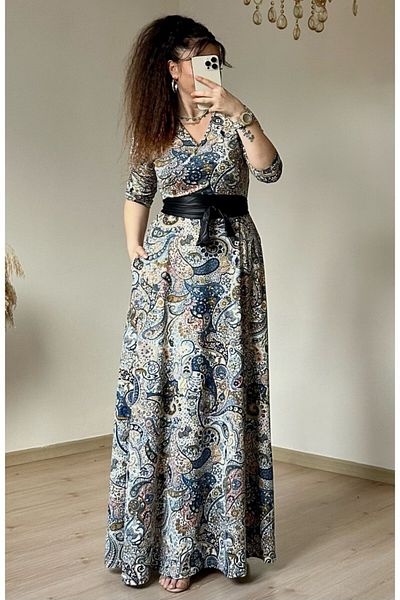 PARİS Rochie albastră cu model șal de lungime întreagă