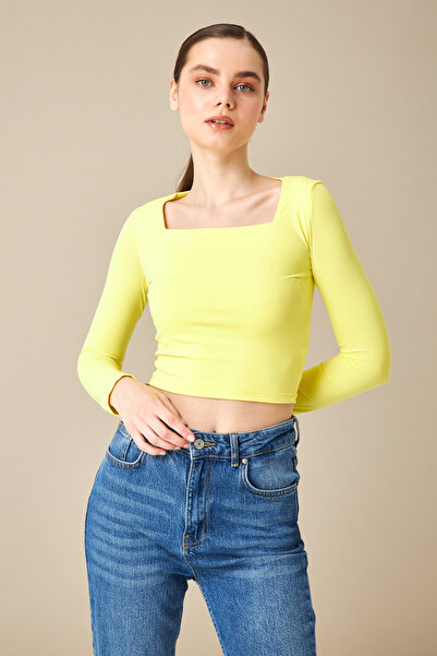 modavingo Women's Yellow Square Collar Double Layer Front Crop Badi