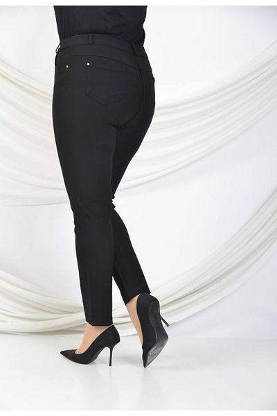 AKŞEN GİYİM Plus Size Women's Gathering High Waist Lycra Black Trousers