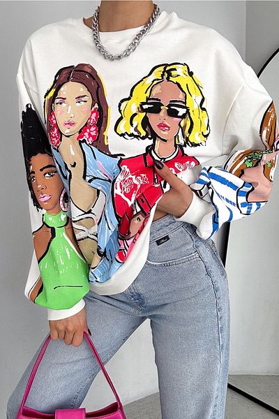 FEMELLE Women's White 3 Thread Raised Printed Oversize Cotton Sweatshirt