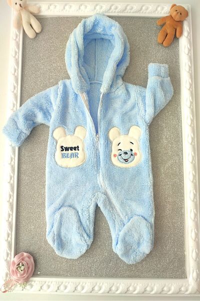 dubi baby Men's be bek blue color bear embroidered zippered hooded welsoft oatikli plush bebe jumpsuit