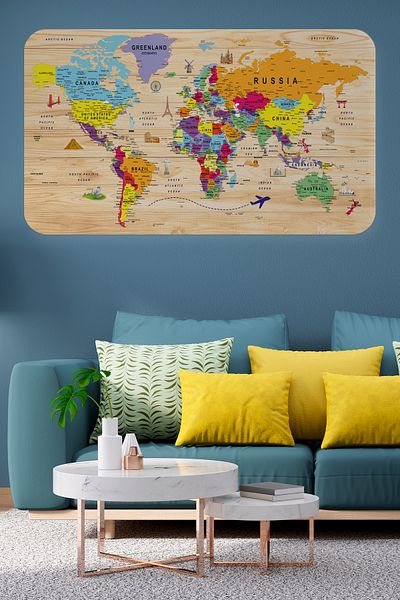 Doğal Tercih Wooden Look Educational Detailed Atlas Decorative World Map Wall Sticker 3842