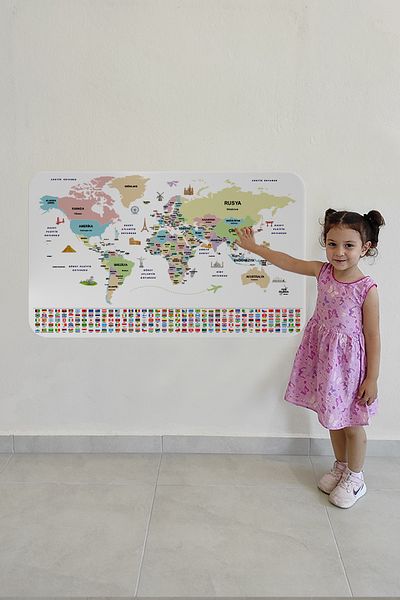 Doğal Tercih Turkish Country Flag Educational Capital Detailed Atlas World Map Wall Sticker 3859