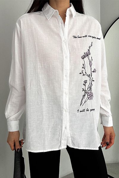 FEMELLE Women's White Embroidered Wide Fit Oversize Cotton Shirt