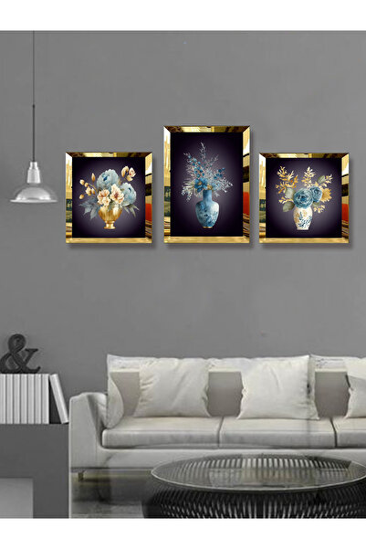 YALOVA SHOP Dekoratif Suluboya Vazolu Çiçek Çalışması,3 lü Tablo Seti (Pleksi Çerçeve Seçenekli)