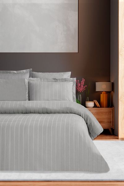 Pierre Cardin Σετ Παπλωματοθήκης Σατέν Ριγέ Διπλό Voyage Grey
