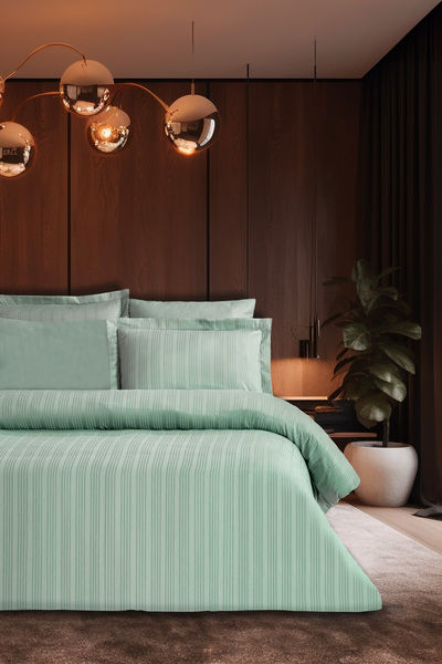 Pierre Cardin Çizgili Saten Nevresim Takımı Çift Kişilik Voyage Su Yeşili