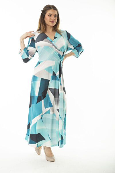 Şans Women's Plus Size Turquoise Wrap Collar Capri Sleeve Dress 65N37077