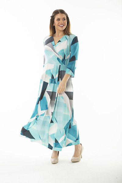 Şans Women's Plus Size Turquoise Wrap Collar Capri Sleeve Dress 65N37077