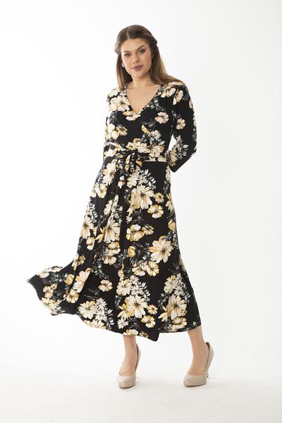 Şans Women's Large Size Black Wrap Collar Capri Sleeve Dress 65N37076
