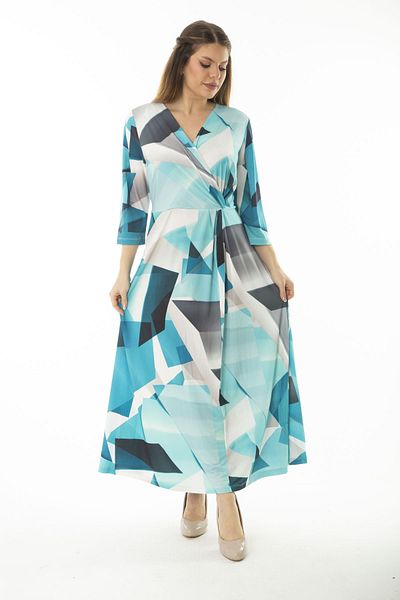 Şans Women's Plus Size Turquoise Wrap Collar Capri Sleeve Dress 65N37077