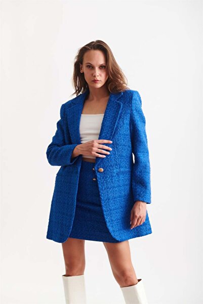 dükkan10butika Kadın Tüvit Kumaş Ceket Ve Etek Takımı Saks Mavisi