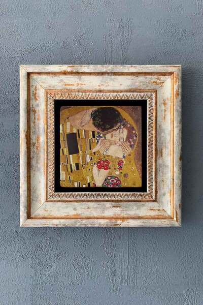 FİNS STONE DECOR Gustav Klimt Öpücük Çerçeveli Taş Duvar Dekoru Tablo 20x20 c...