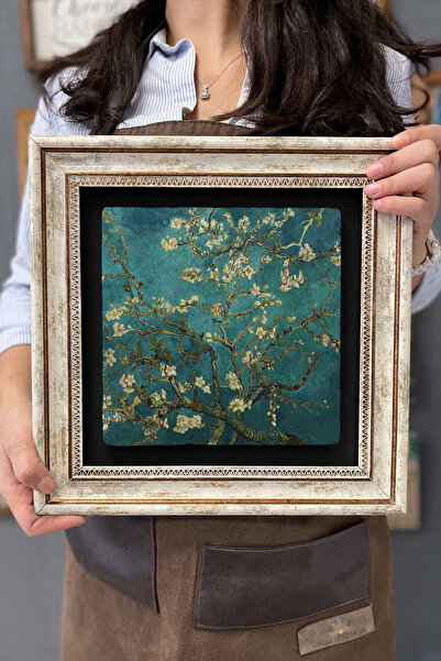 FİNS STONE DECOR Çerçeveli Tablo Taş Duvar Dekoru Tablo 30 X 30 Cm Badem Çiçe...